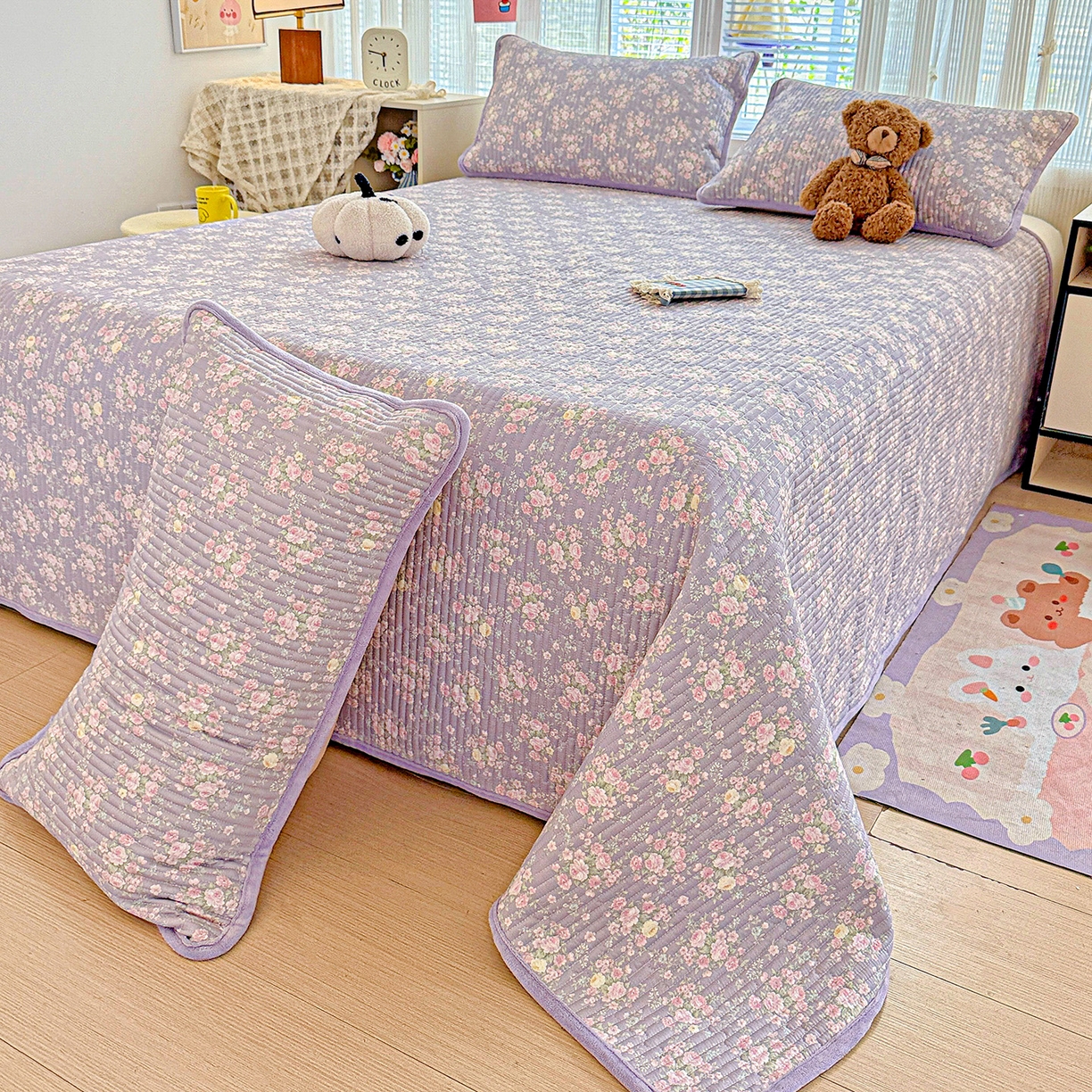 91家纺网 家纺一手货源 找家纺 恒尚居 2025新款全棉牛奶绒床盖四季可用纯棉夹棉床单床褥垫三件套-秋冬款系列一 花田物语【A纯棉-B牛奶绒】