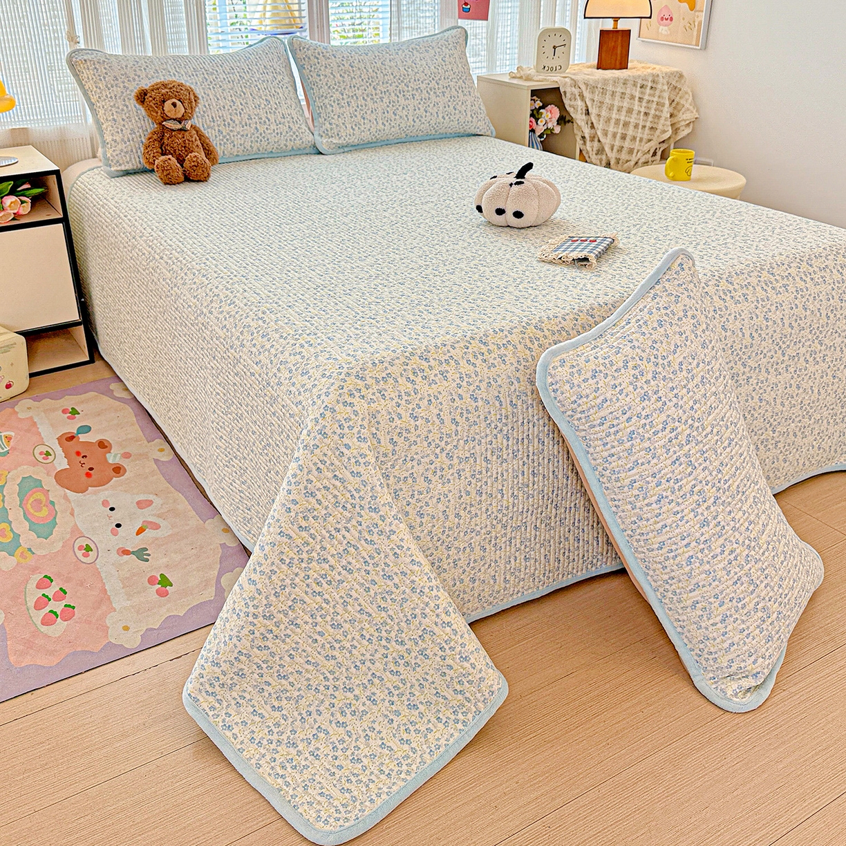 91家纺网 家纺一手货源 找家纺 恒尚居 2025新款全棉牛奶绒床盖四季可用纯棉夹棉床单床褥垫三件套-秋冬款系列一 雪兰【A纯棉-B牛奶绒】