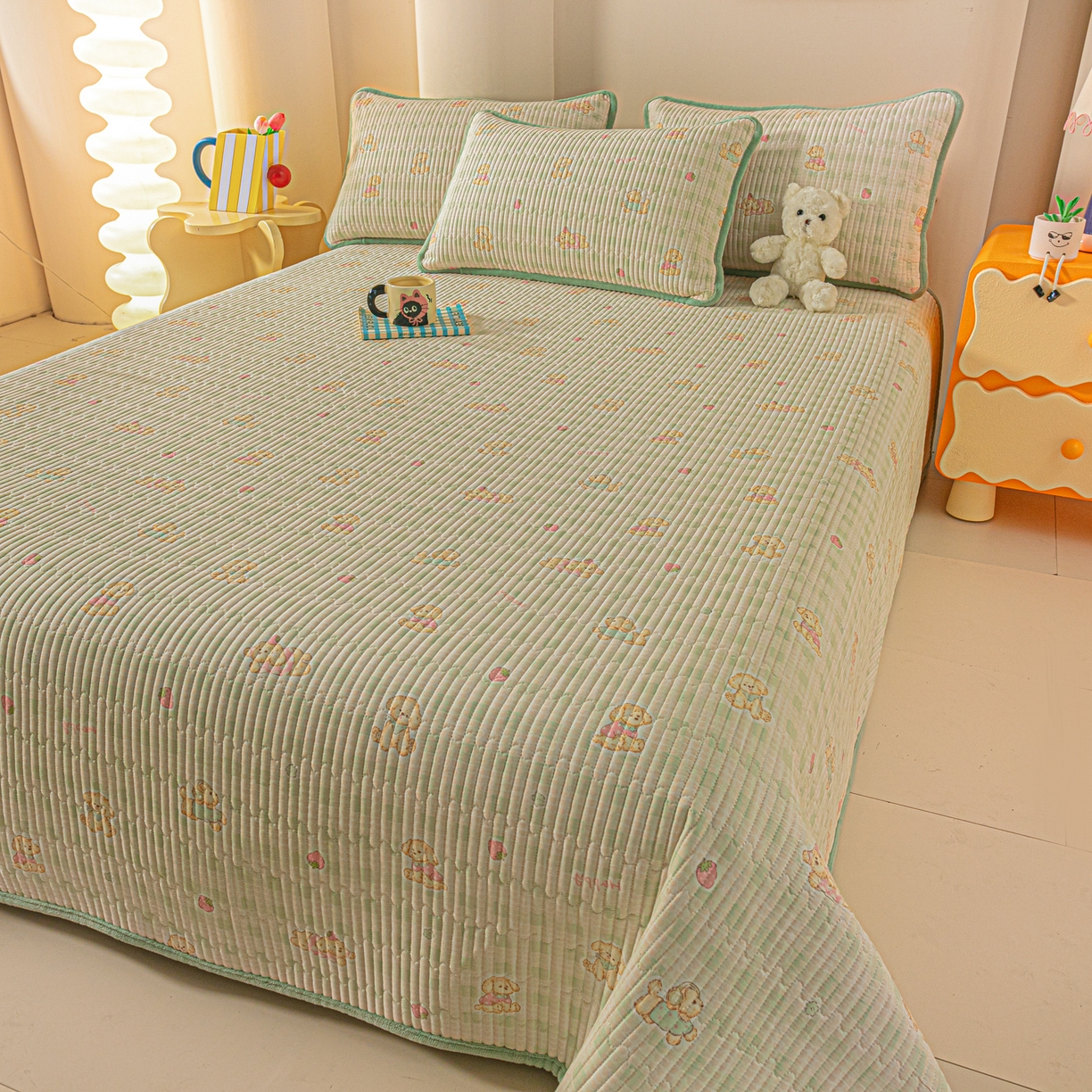 91家纺网 家纺一手货源 找家纺 恒尚居 2025新款全棉牛奶绒床盖四季可用纯棉夹棉床单床褥垫三件套-秋冬款系列一 甜心旺旺【A纯棉-B牛奶绒】