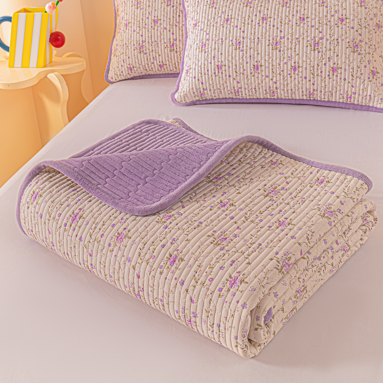 91家纺网 家纺一手货源 找家纺 恒尚居 2025新款全棉牛奶绒床盖四季可用纯棉夹棉床单床褥垫三件套-秋冬款系列一 熏衣紫【A纯棉-B牛奶绒】