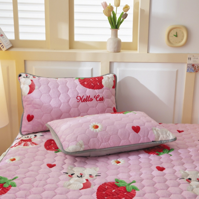 91家纺网 家纺一手货源 找家纺 情煊家纺 2025新款保暖牛奶绒夹棉床笠-花边款 童真