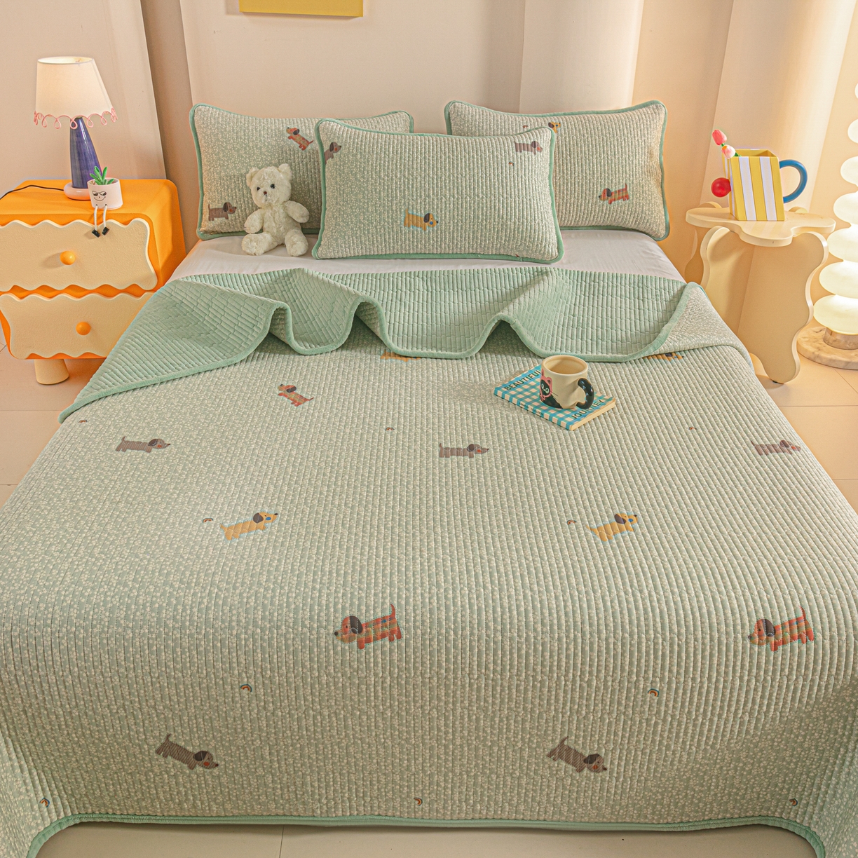 91家纺网 家纺一手货源 找家纺 恒尚居 2025新款全棉牛奶绒床盖四季可用纯棉夹棉床单床褥垫三件套-秋冬款系列一 布丁狗【A纯棉-B牛奶绒】