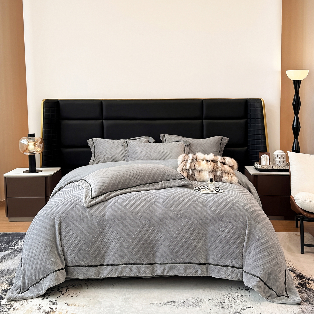 家居1号家纺 2025新款230克全消光牛奶绒剪花四件套-暖意 暖意-绅士灰