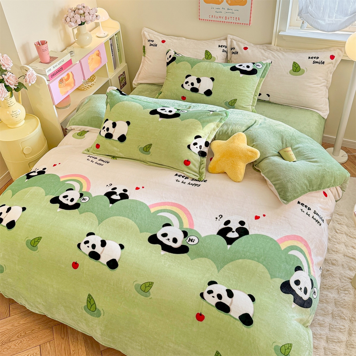 91家纺网 家纺一手货源 找家纺 名兮家居 2025秋冬新款加厚高克重牛奶绒单被套 彩虹熊猫-果绿