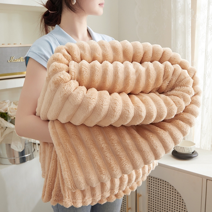 楼兰公主毛毯专供 2025新款大抽条+羊羔绒绒毯盖毯毯子 单层大抽条绒毯-卡其