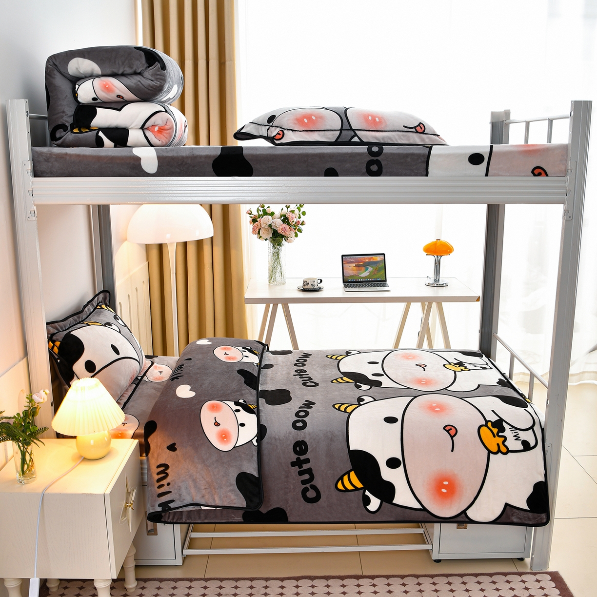 硕喜 2025新款学生宿舍床系列牛奶绒学生三件套 奶牛