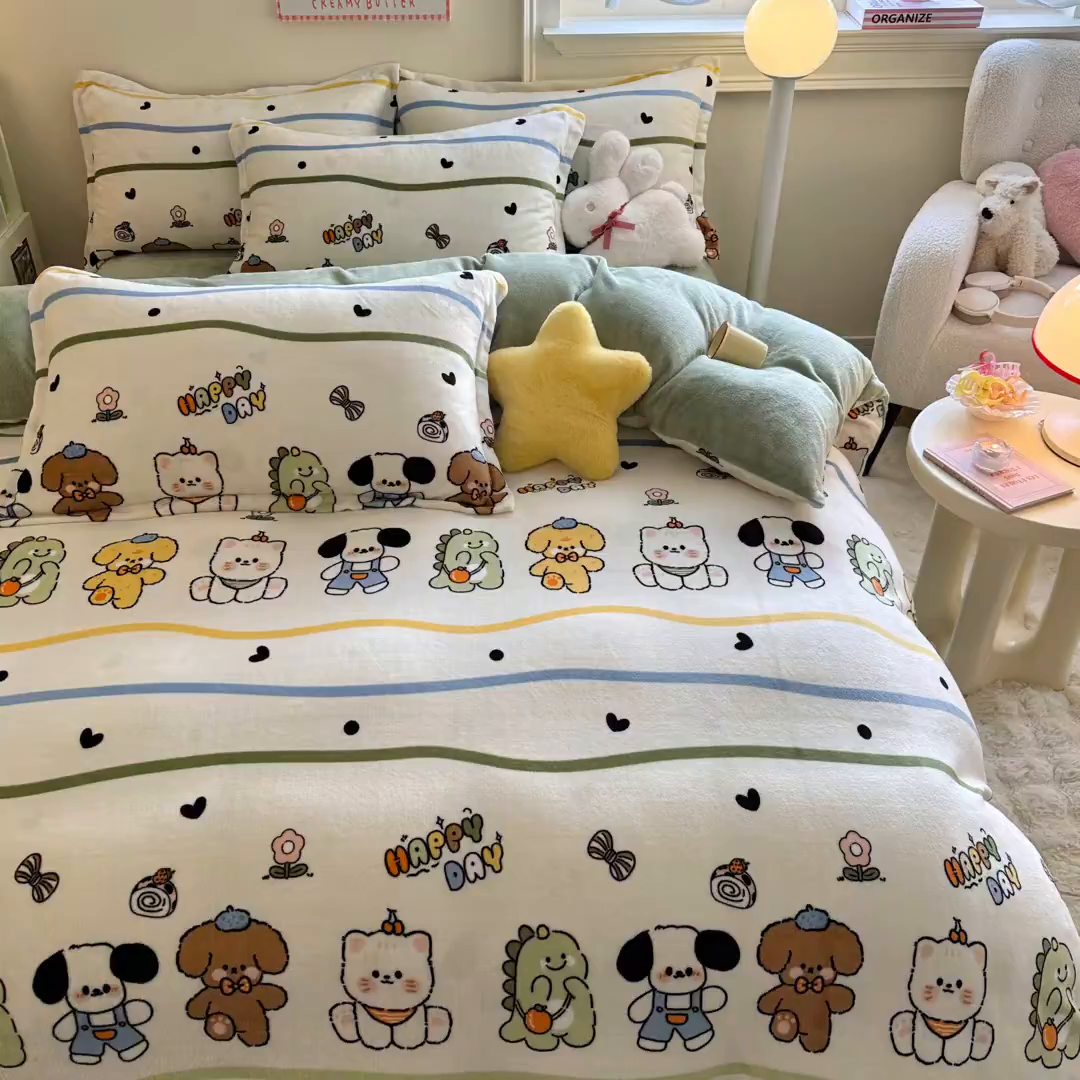 91家纺网 家纺一手货源 找家纺 名兮家居 2025秋冬新款加厚高克重牛奶绒单被套 快乐宝贝