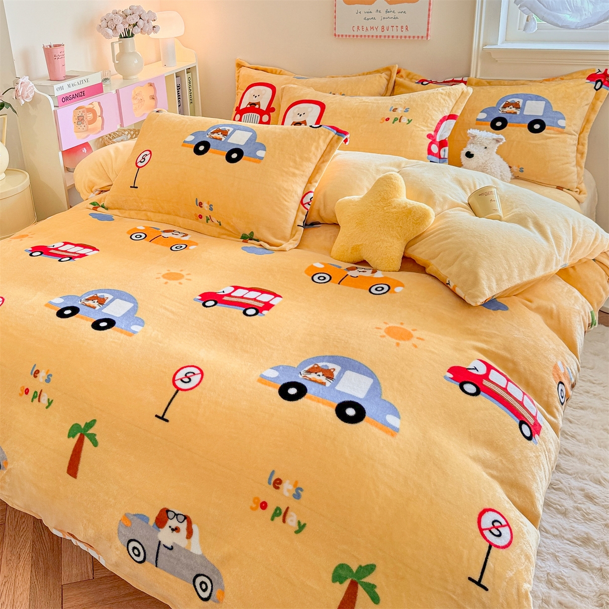 91家纺网 家纺一手货源 找家纺 名兮家居 2025秋冬新款加厚高克重牛奶绒单被套 汽车派对