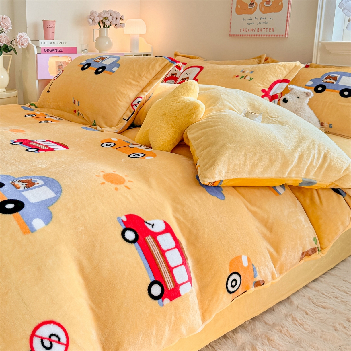 91家纺网 家纺一手货源 找家纺 名兮家居 2025秋冬新款加厚高克重牛奶绒单被套 汽车派对