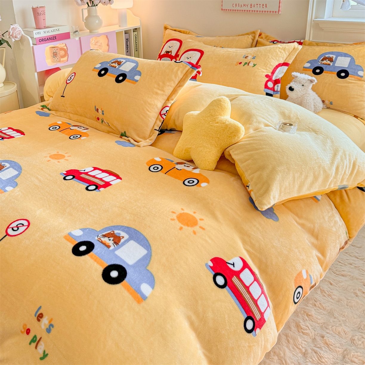 91家纺网 家纺一手货源 找家纺 名兮家居 2025秋冬新款加厚高克重牛奶绒单被套 汽车派对