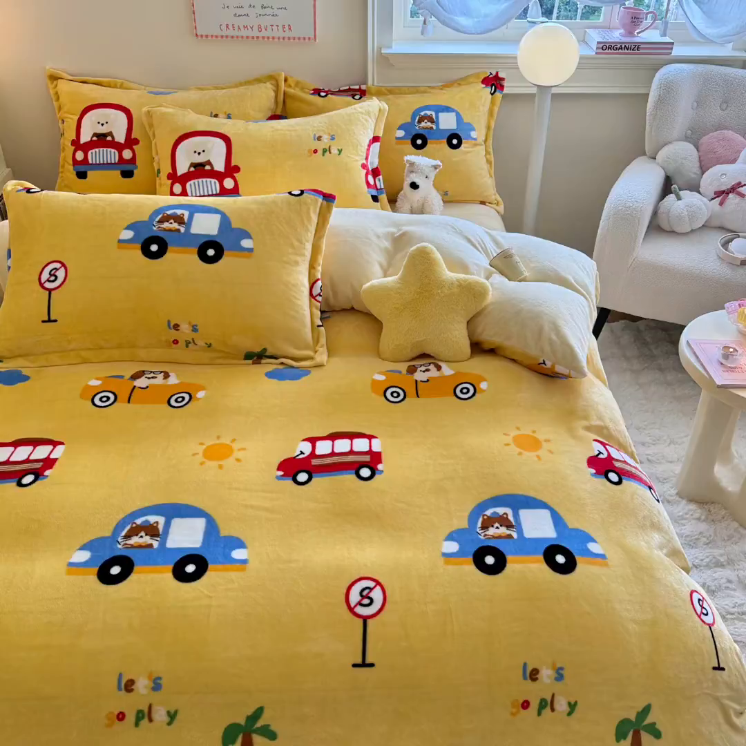 91家纺网 家纺一手货源 找家纺 名兮家居 2025秋冬新款加厚高克重牛奶绒单被套 汽车派对