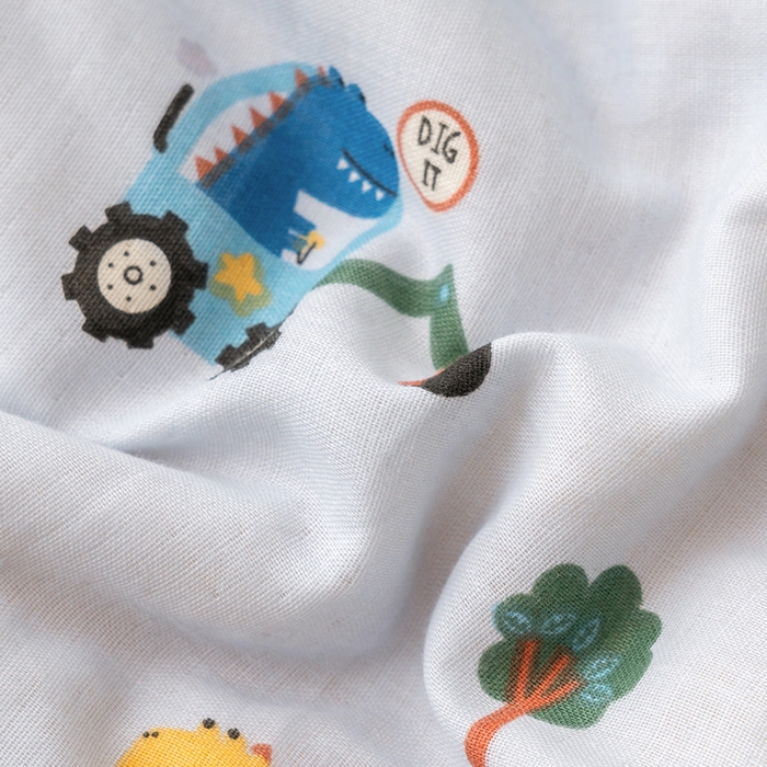 91家纺网 家纺一手货源 找家纺 嗨生活 2025年新款全棉纯棉双层纱豆豆被儿童被春秋被冬被幼儿园被子 挖机恐龙