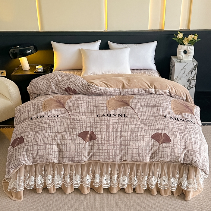 91家纺网 家纺一手货源 找家纺 首选家纺 2025新款直播热款双层蕾丝花边牛奶绒印花床盖四件套床盖单件三件套 梦想起航-咖