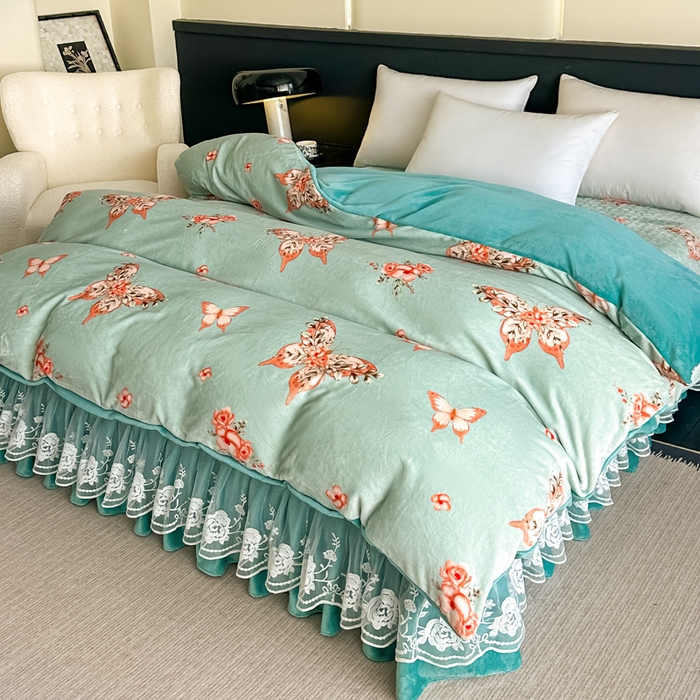 91家纺网 家纺一手货源 找家纺 首选家纺 2025新款直播热款双层蕾丝花边牛奶绒印花床盖四件套床盖单件三件套 水墨蝴蝶