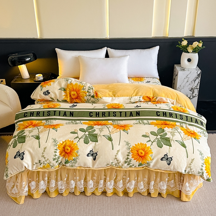 91家纺网 家纺一手货源 找家纺 首选家纺 2025新款直播热款双层蕾丝花边牛奶绒印花床盖四件套床盖单件三件套 向日葵