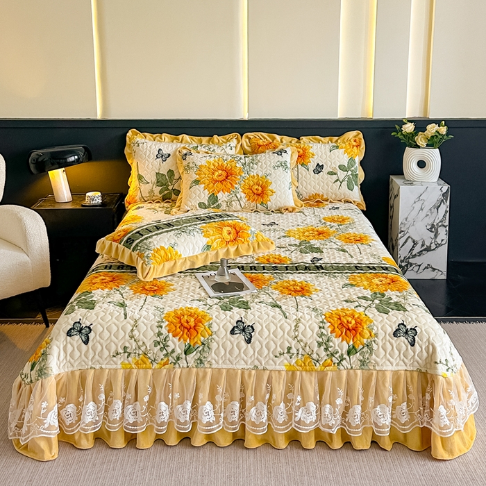 91家纺网 家纺一手货源 找家纺 首选家纺 2025新款直播热款双层蕾丝花边牛奶绒印花床盖四件套床盖单件三件套 向日葵