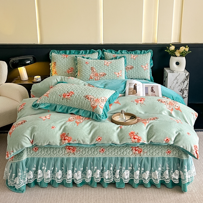 91家纺网 家纺一手货源 找家纺 首选家纺 2025新款直播热款双层蕾丝花边牛奶绒印花床盖四件套床盖单件三件套 水墨蝴蝶