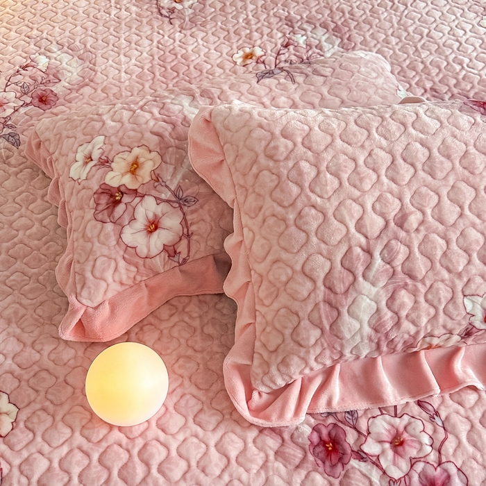 91家纺网 家纺一手货源 找家纺 首选家纺 2025新款直播热款双层蕾丝花边牛奶绒印花床盖四件套床盖单件三件套 花香如梦