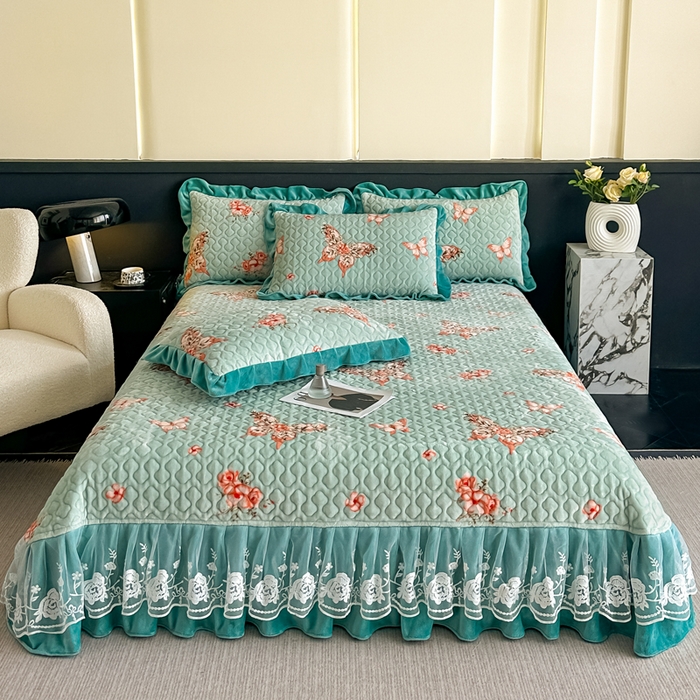 91家纺网 家纺一手货源 找家纺 首选家纺 2025新款直播热款双层蕾丝花边牛奶绒印花床盖四件套床盖单件三件套 水墨蝴蝶