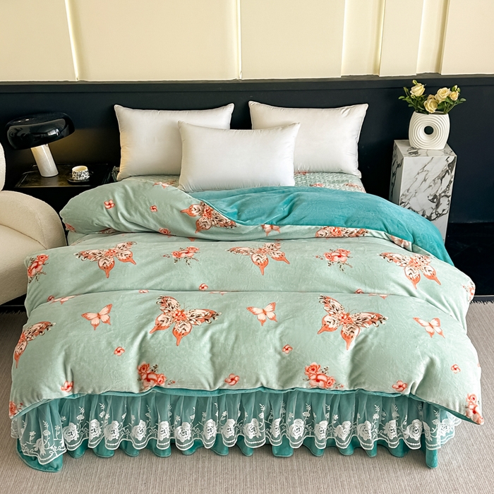 91家纺网 家纺一手货源 找家纺 首选家纺 2025新款直播热款双层蕾丝花边牛奶绒印花床盖四件套床盖单件三件套 水墨蝴蝶