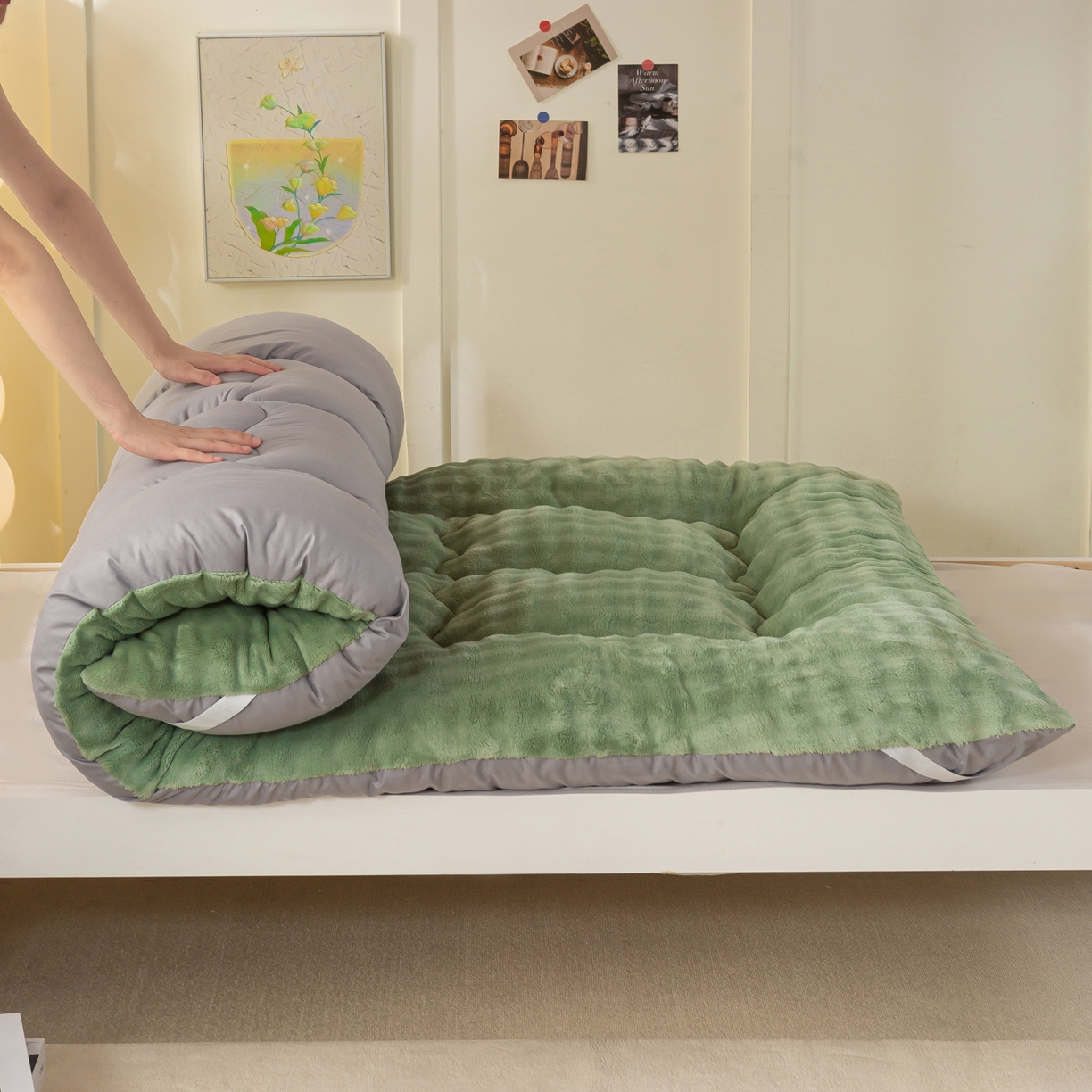 91家纺网 家纺一手货源 找家纺 枋梢家纺 2025新款高克重牛奶兔毛绒学生床垫 森绿