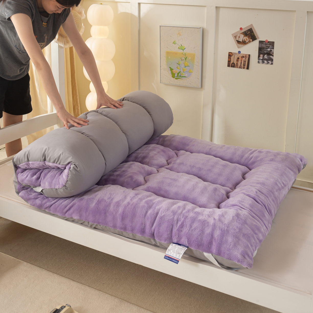 91家纺网 家纺一手货源 找家纺 枋梢家纺 2025新款高克重牛奶兔毛绒学生床垫 紫罗兰