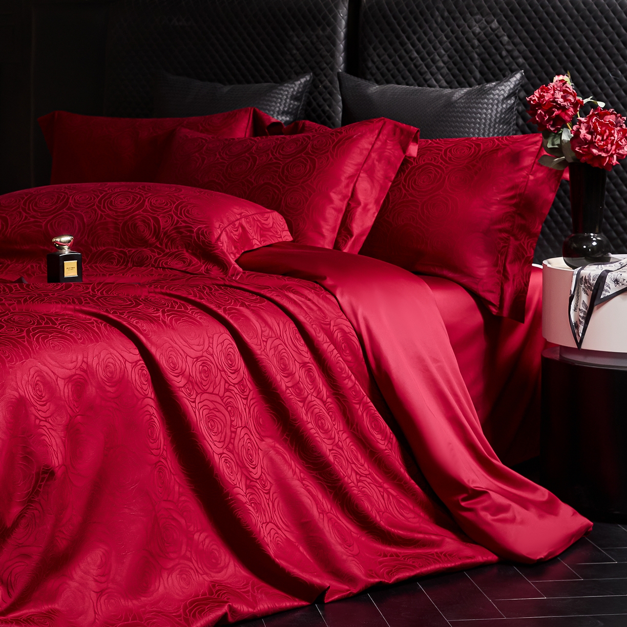 91家纺网 家纺一手货源 找家纺 舒慕家纺 2025新款100支长绒棉浮雕提花四件套 玫瑰