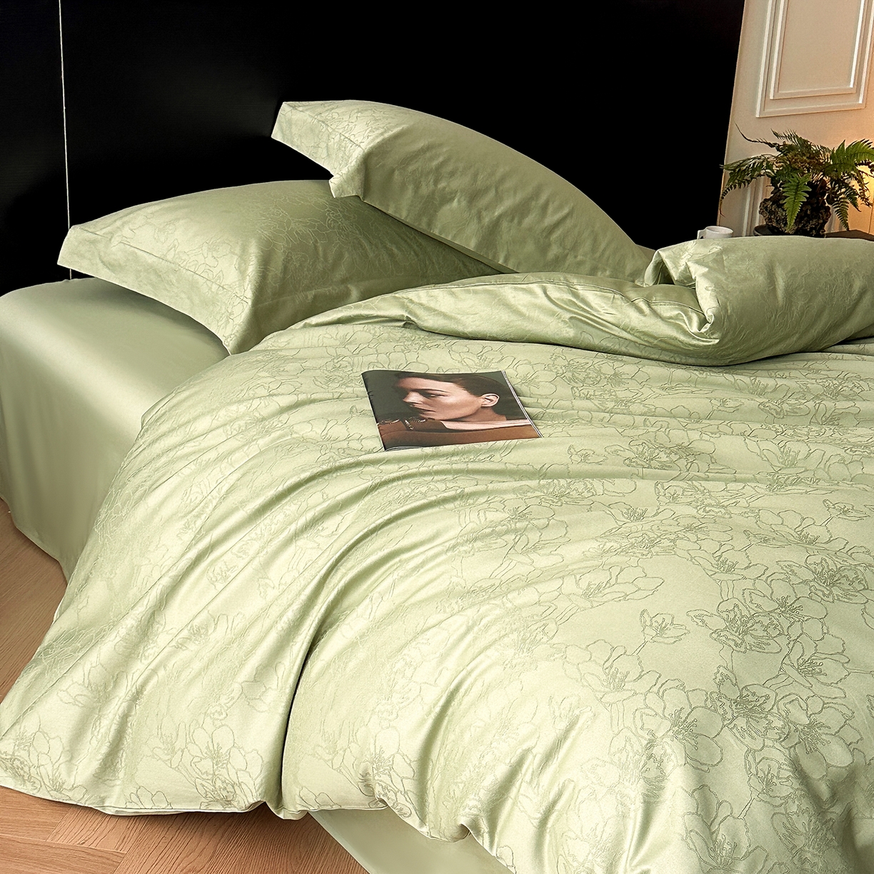 91家纺网 家纺一手货源 找家纺 舒慕家纺 2025新款100支长绒棉浮雕提花四件套 梦兰-青