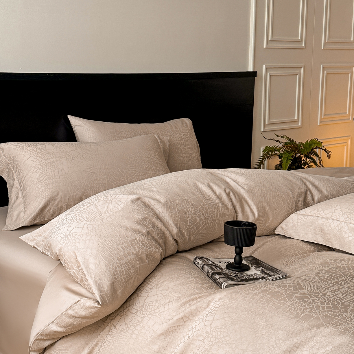 91家纺网 家纺一手货源 找家纺 舒慕家纺 2025新款100支长绒棉浮雕提花四件套 喜玛