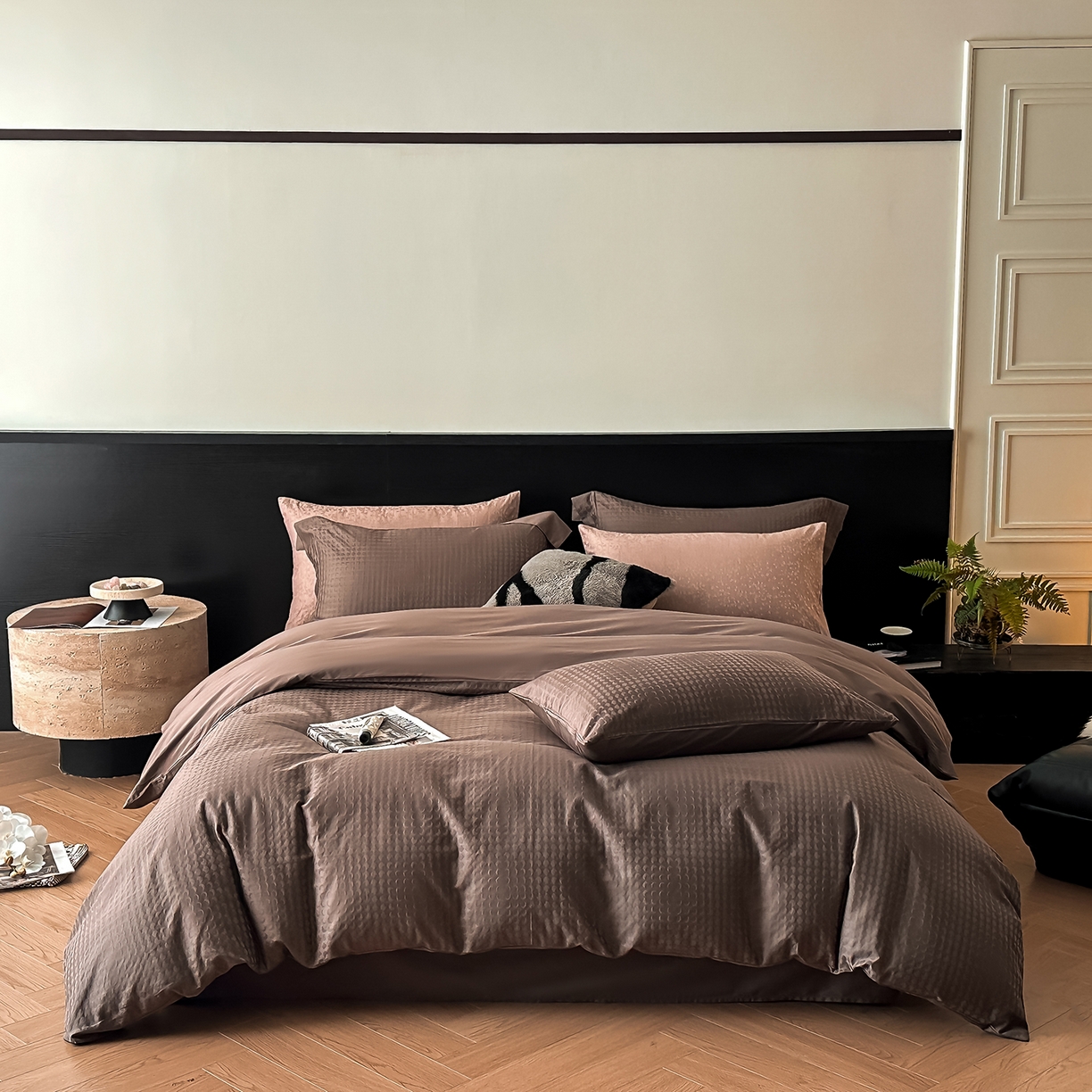 91家纺网 家纺一手货源 找家纺 舒慕家纺 2025新款100支长绒棉浮雕提花四件套 弦月