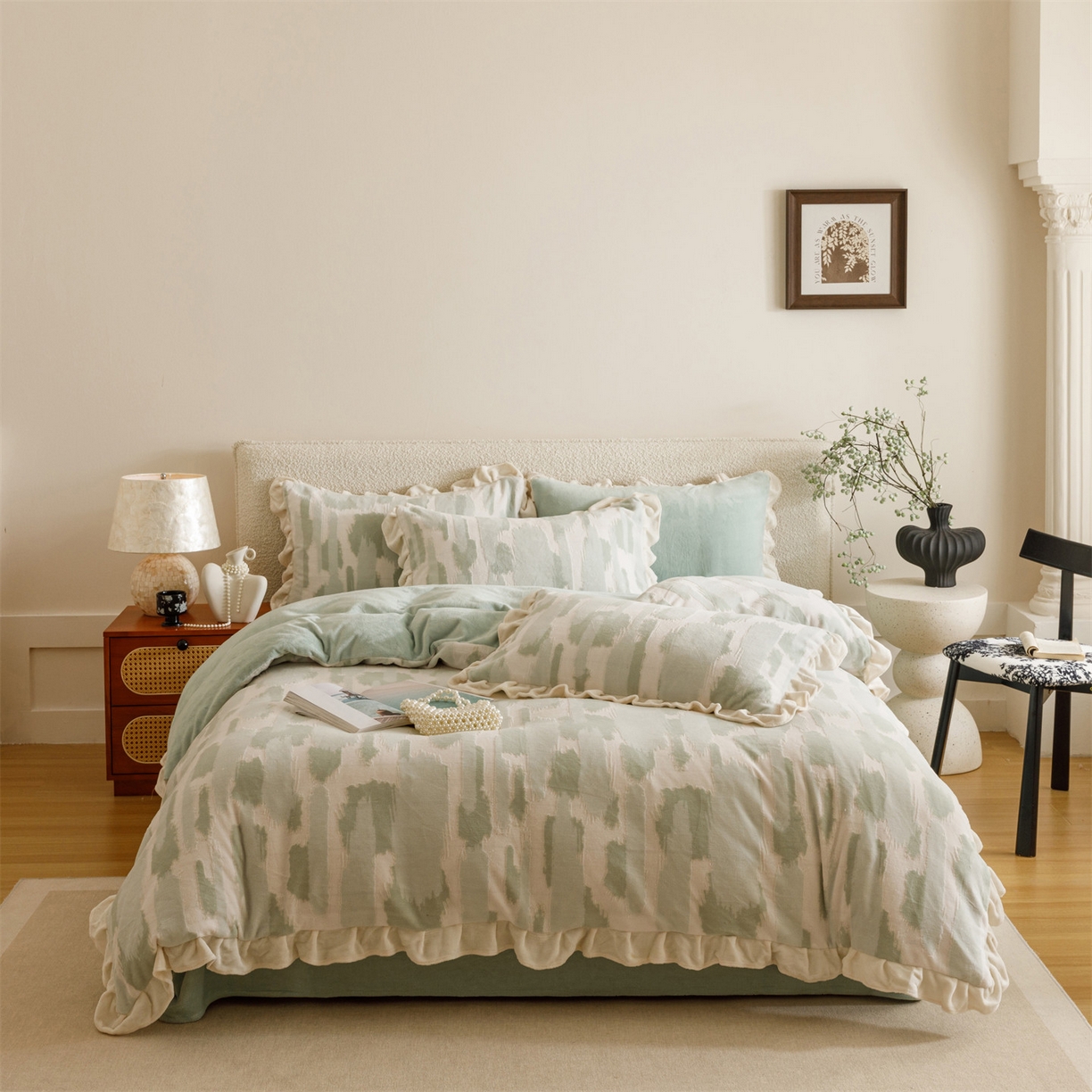 91家纺网 家纺一手货源 找家纺 趣色家纺 2025秋冬新款韩风小清新花边牛奶绒立体烂花四件套 奇想-绿