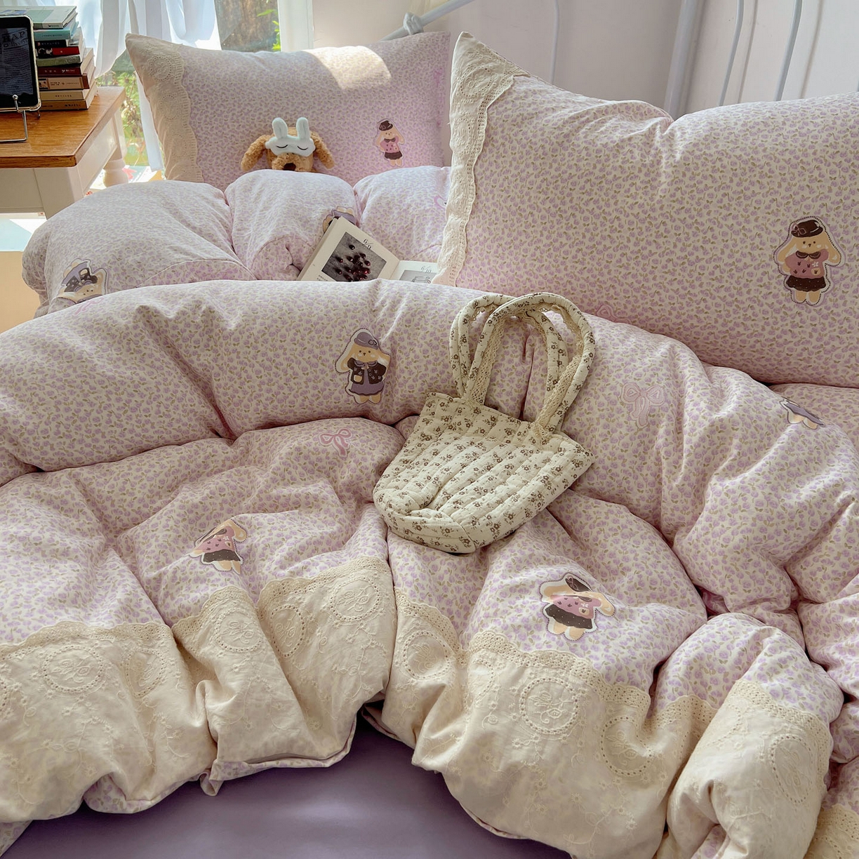 （总）暖芯优选 2025秋冬新品韩国小清新有氧提花人字纹双层纱全棉蕾丝花边加厚四件套