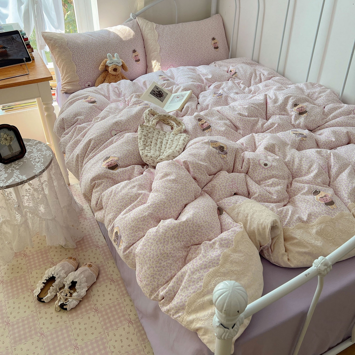 91家纺网 家纺一手货源 找家纺 （总）暖芯优选 2025秋冬新品韩国小清新有氧提花人字纹双层纱全棉蕾丝花边加厚四件套