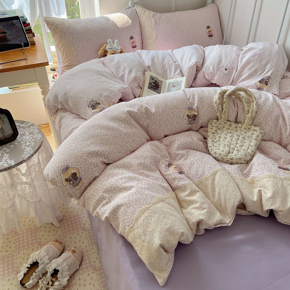 91家纺网 家纺一手货源 找家纺 （总）暖芯优选 2025秋冬新品韩国小清新有氧提花人字纹双层纱全棉蕾丝花边加厚四件套