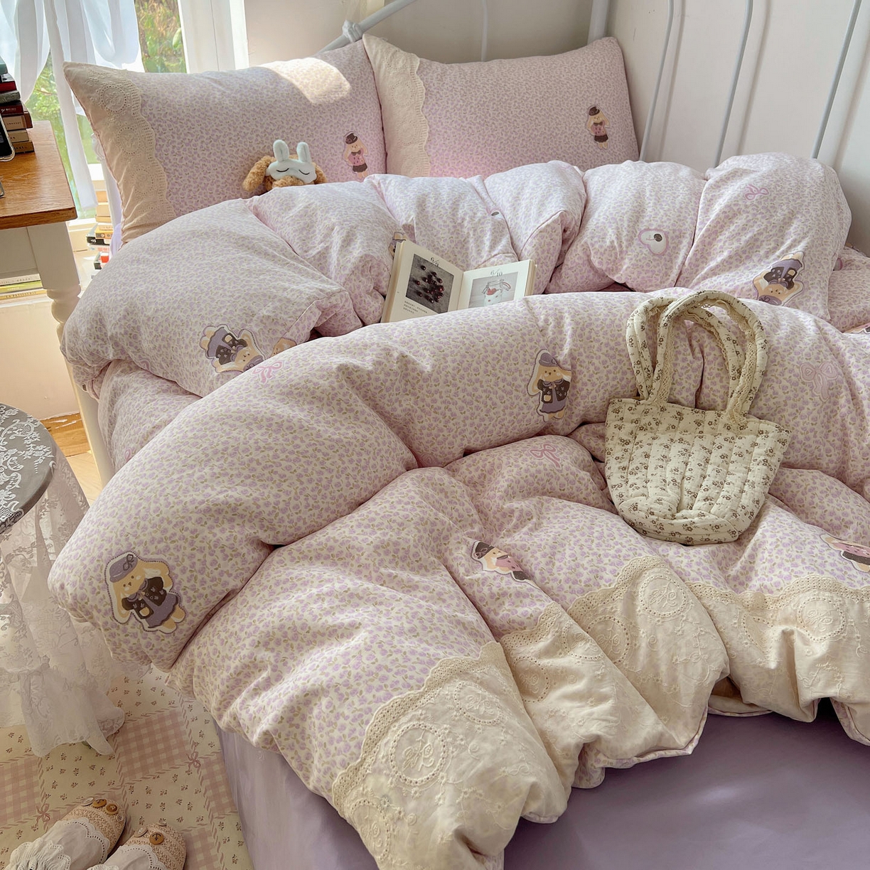 91家纺网 家纺一手货源 找家纺 （总）暖芯优选 2025秋冬新品韩国小清新有氧提花人字纹双层纱全棉蕾丝花边加厚四件套