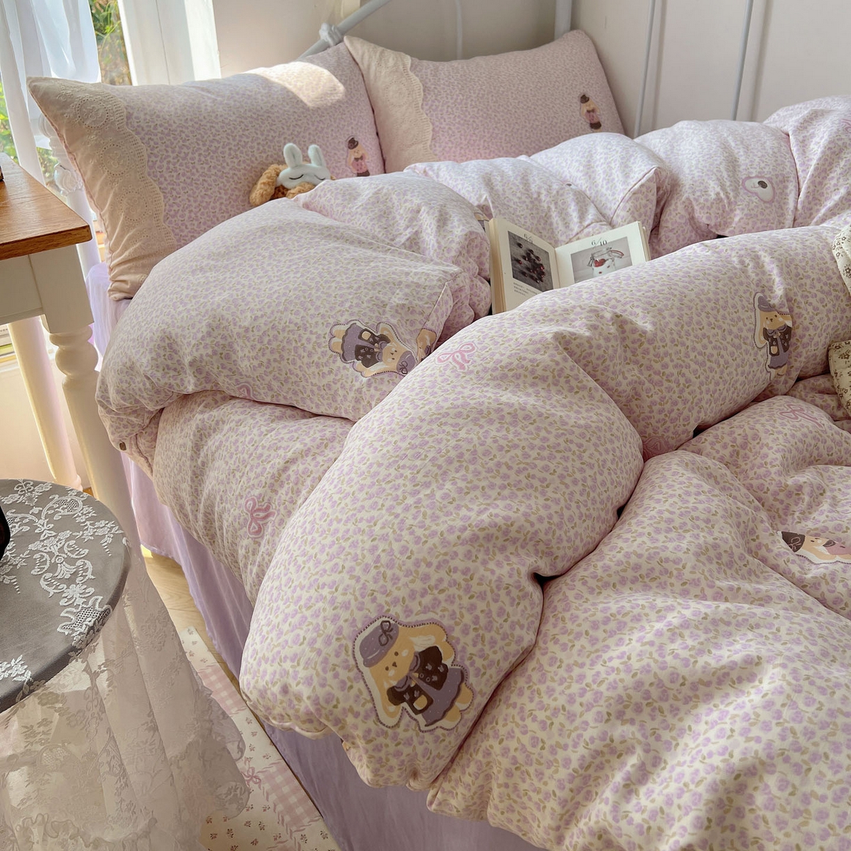 91家纺网 家纺一手货源 找家纺 （总）暖芯优选 2025秋冬新品韩国小清新有氧提花人字纹双层纱全棉蕾丝花边加厚四件套