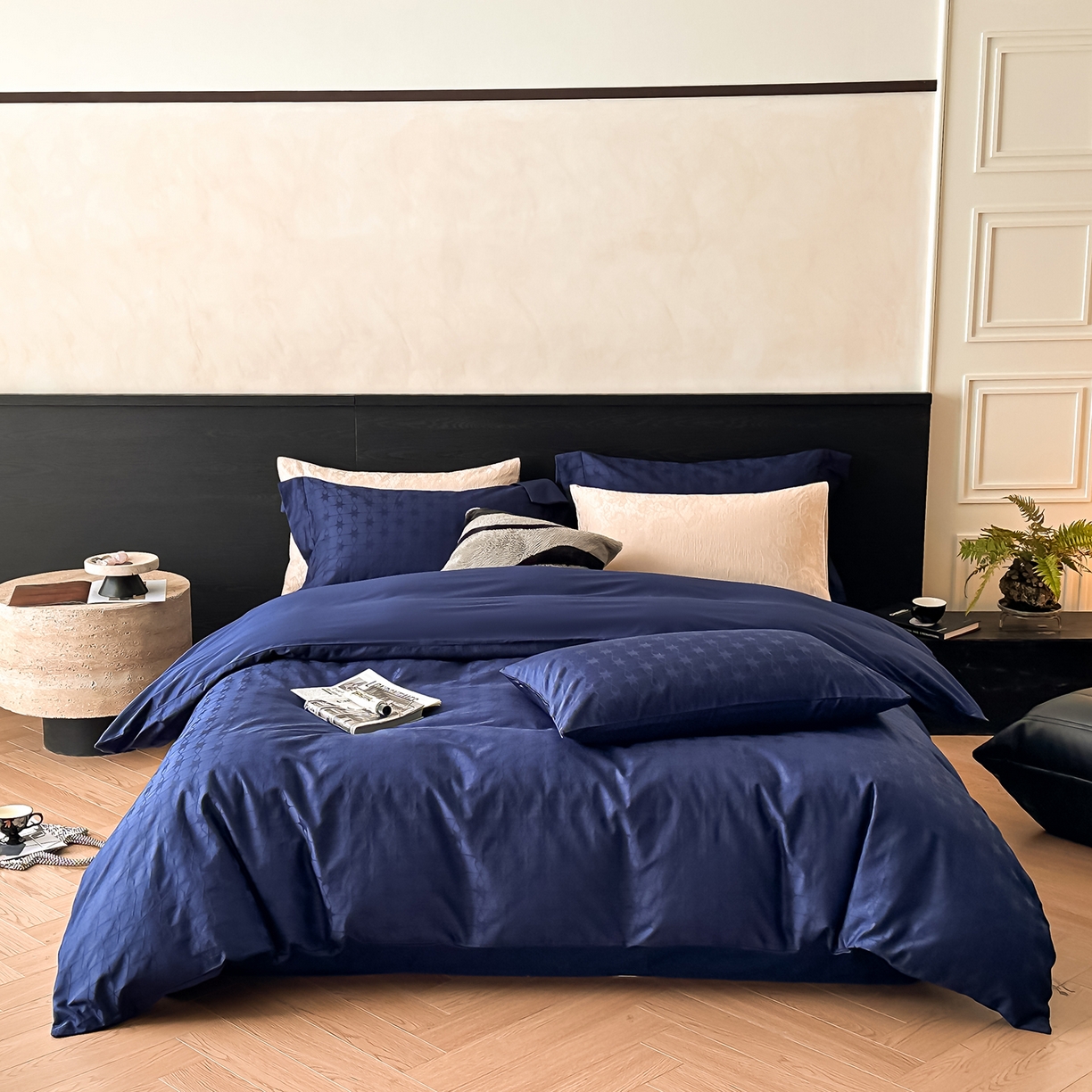 91家纺网 家纺一手货源 找家纺 舒慕家纺 2025新款100支长绒棉浮雕提花四件套 星柠-蓝