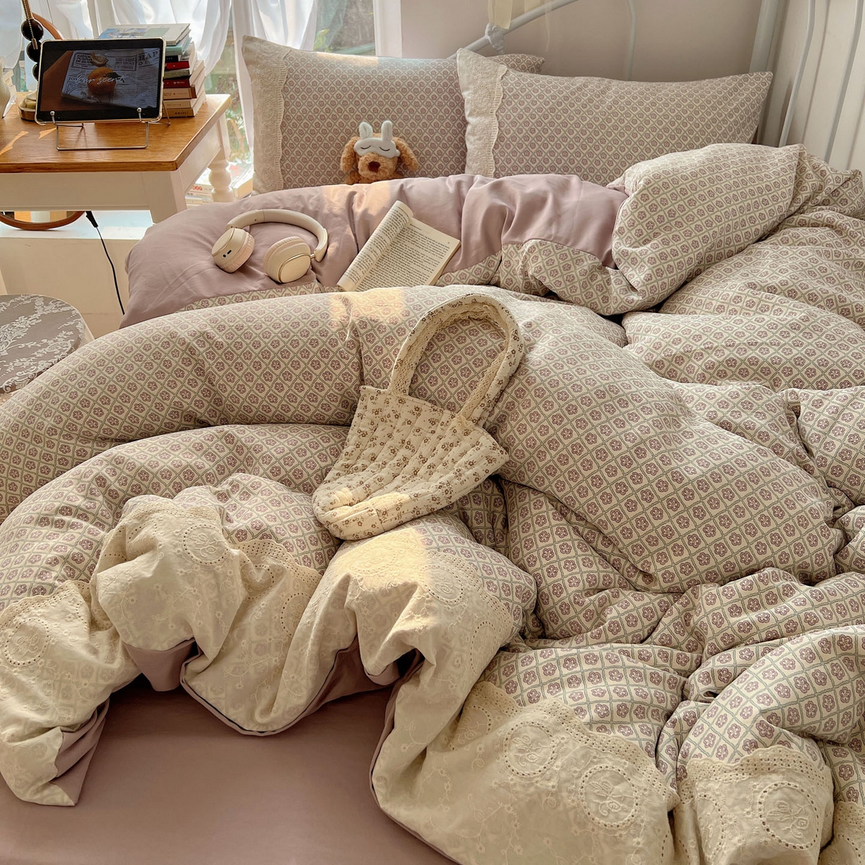 暖芯优选 2025秋冬新品韩国小清新有氧提花人字纹双层纱全棉蕾丝花边加厚四件套 莫奈花园-大花边