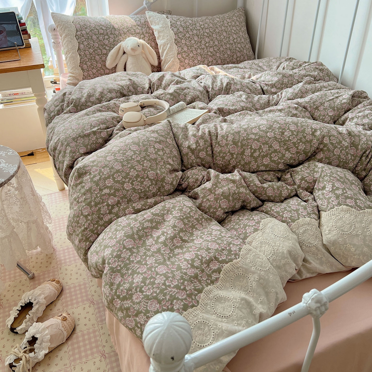 91家纺网 家纺一手货源 找家纺 暖芯优选 2025秋冬新品韩国小清新有氧提花人字纹双层纱全棉蕾丝花边加厚四件套 沐春-大花边