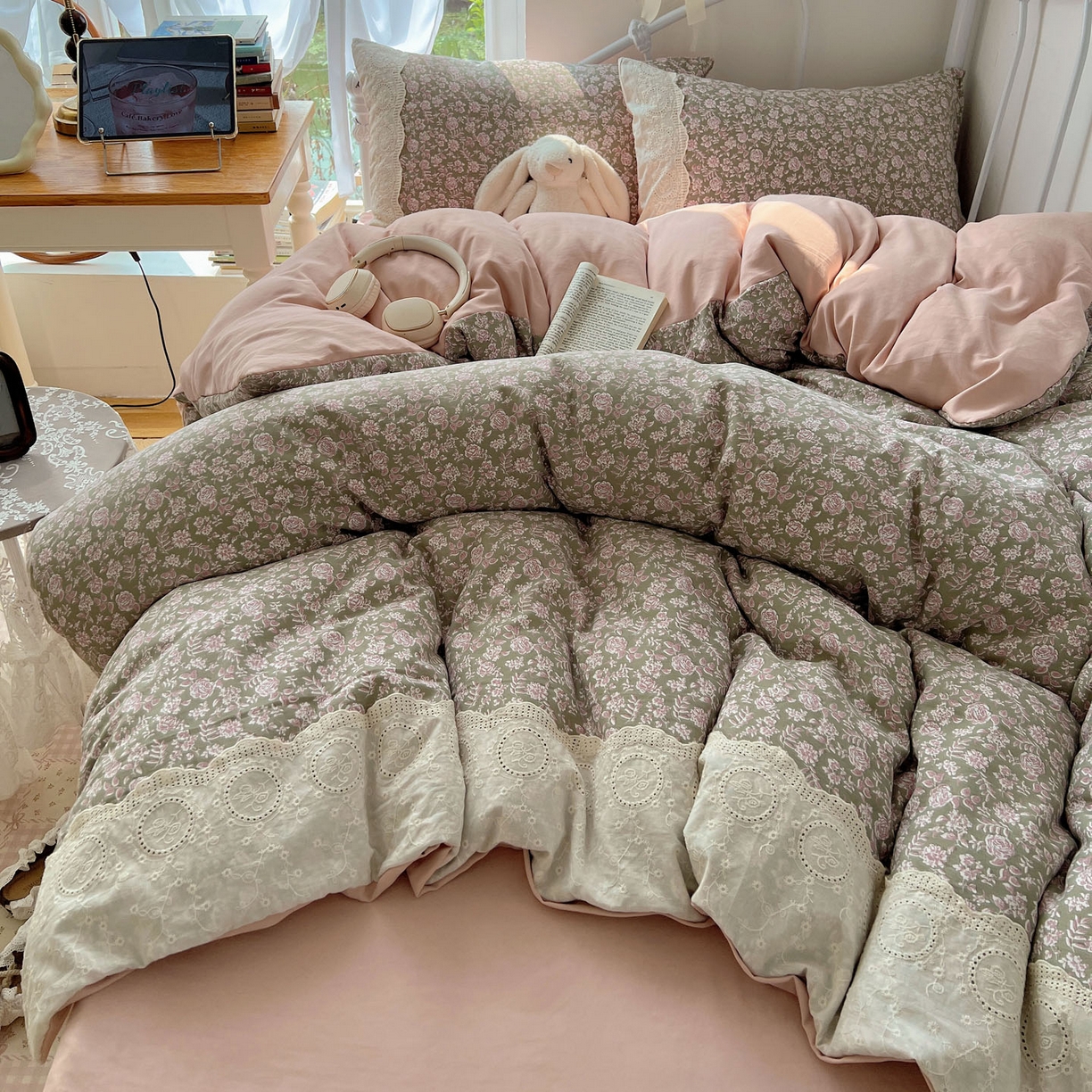 91家纺网 家纺一手货源 找家纺 暖芯优选 2025秋冬新品韩国小清新有氧提花人字纹双层纱全棉蕾丝花边加厚四件套 沐春-大花边