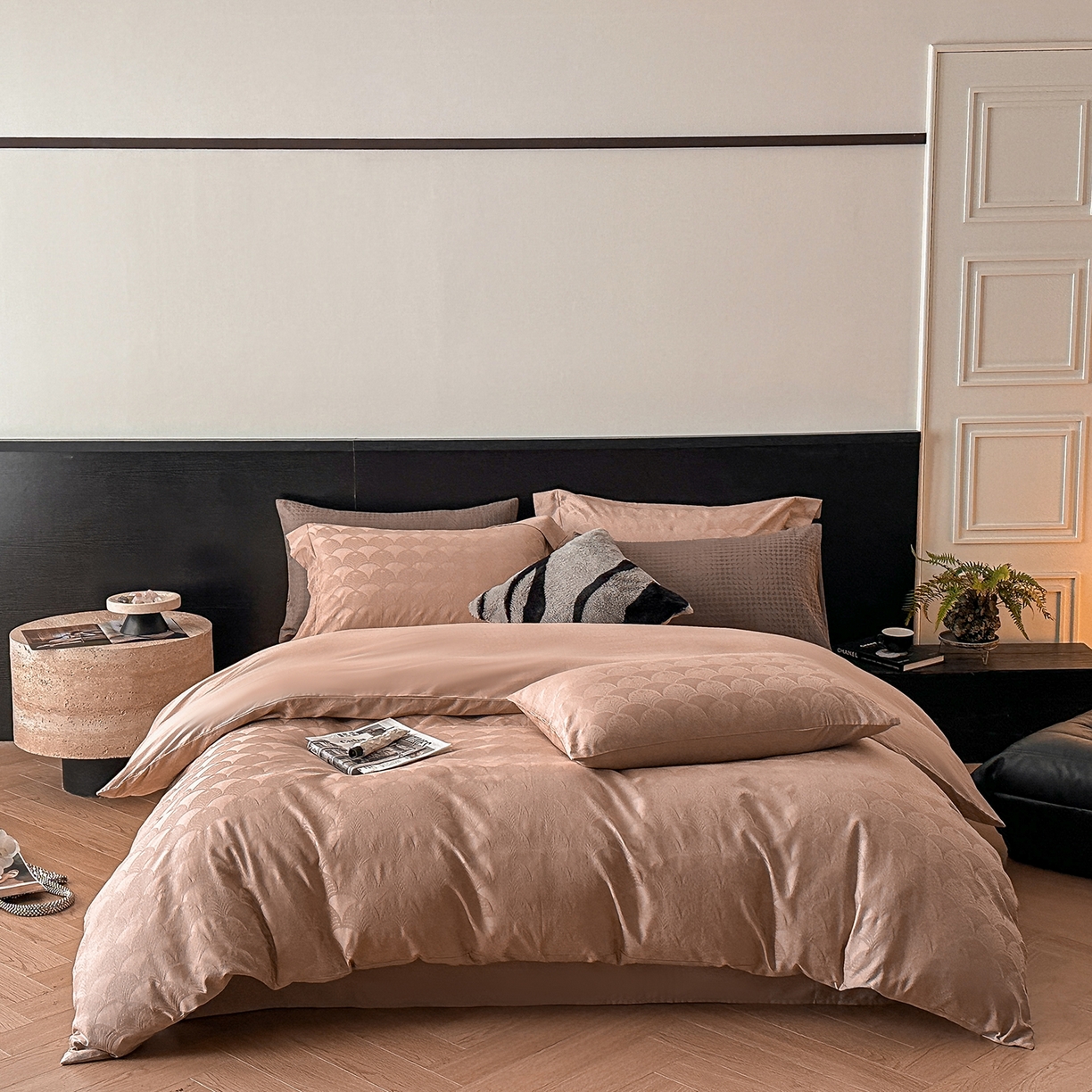 91家纺网 家纺一手货源 找家纺 舒慕家纺 2025新款100支长绒棉浮雕提花四件套 叶繁