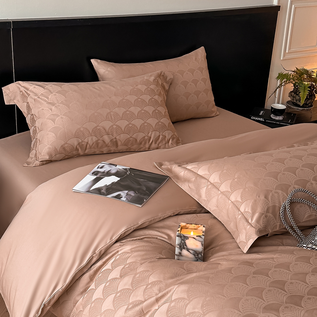 91家纺网 家纺一手货源 找家纺 舒慕家纺 2025新款100支长绒棉浮雕提花四件套 叶繁