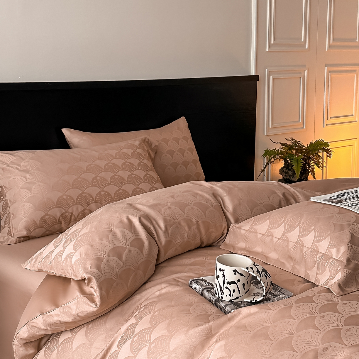 91家纺网 家纺一手货源 找家纺 舒慕家纺 2025新款100支长绒棉浮雕提花四件套 叶繁