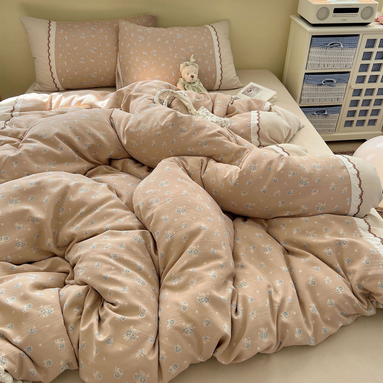 暖芯优选 2025秋冬新品韩国小清新有氧提花人字纹双层纱全棉蕾丝花边加厚四件套 清风序语-小花边