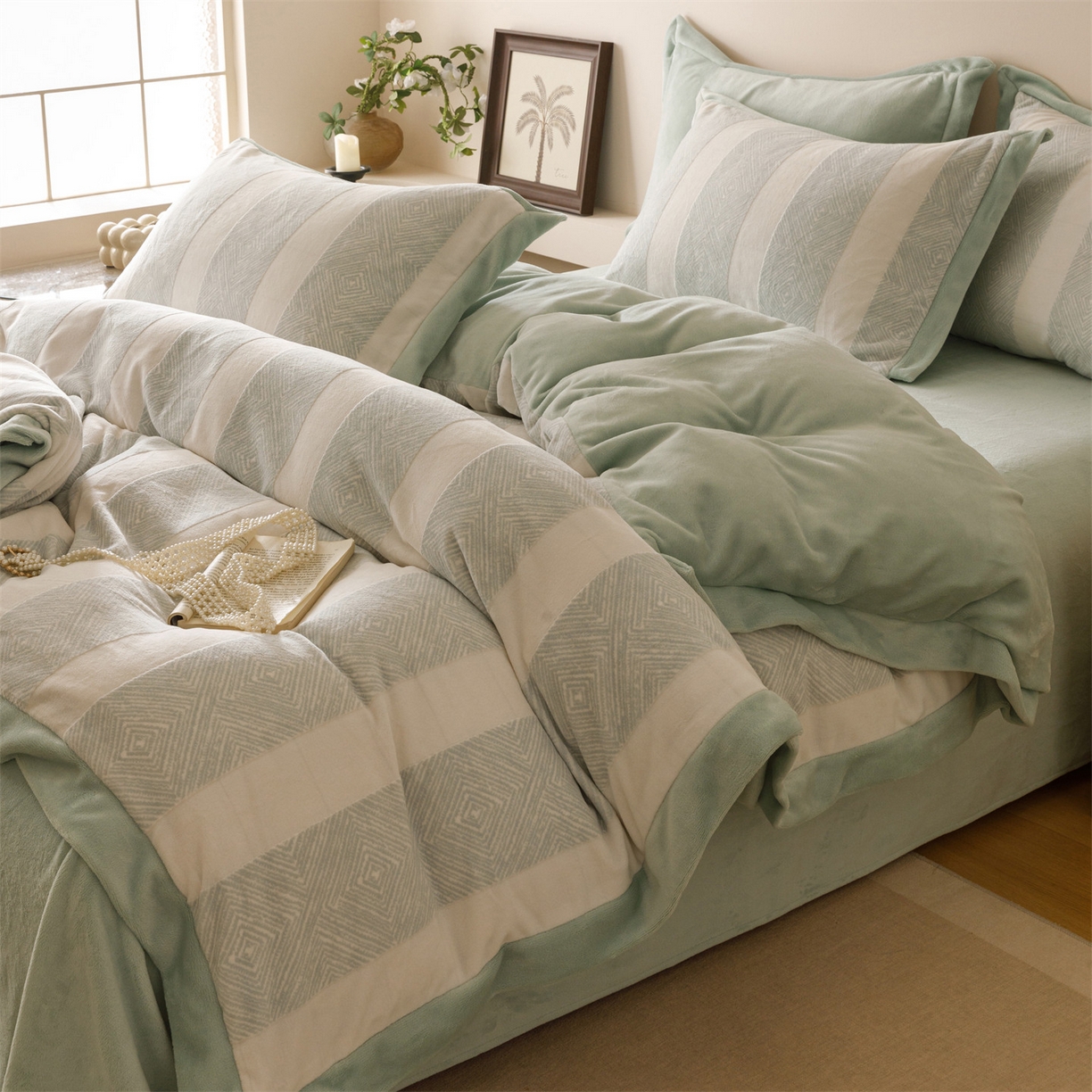 91家纺网 家纺一手货源 找家纺 趣色家纺 2025秋冬新款无印风宽边立体烂花牛奶绒四件套 简约人生-绿