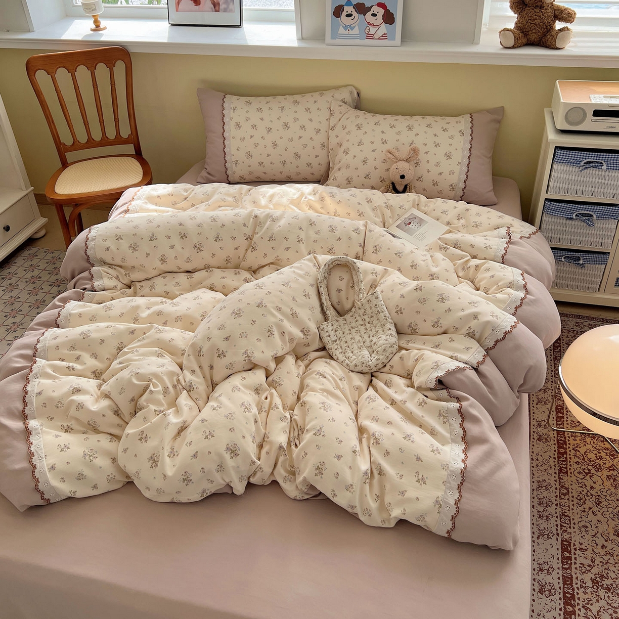 91家纺网 家纺一手货源 找家纺 暖芯优选 2025秋冬新品韩国小清新有氧提花人字纹双层纱全棉蕾丝花边加厚四件套 栀子花信-小花边