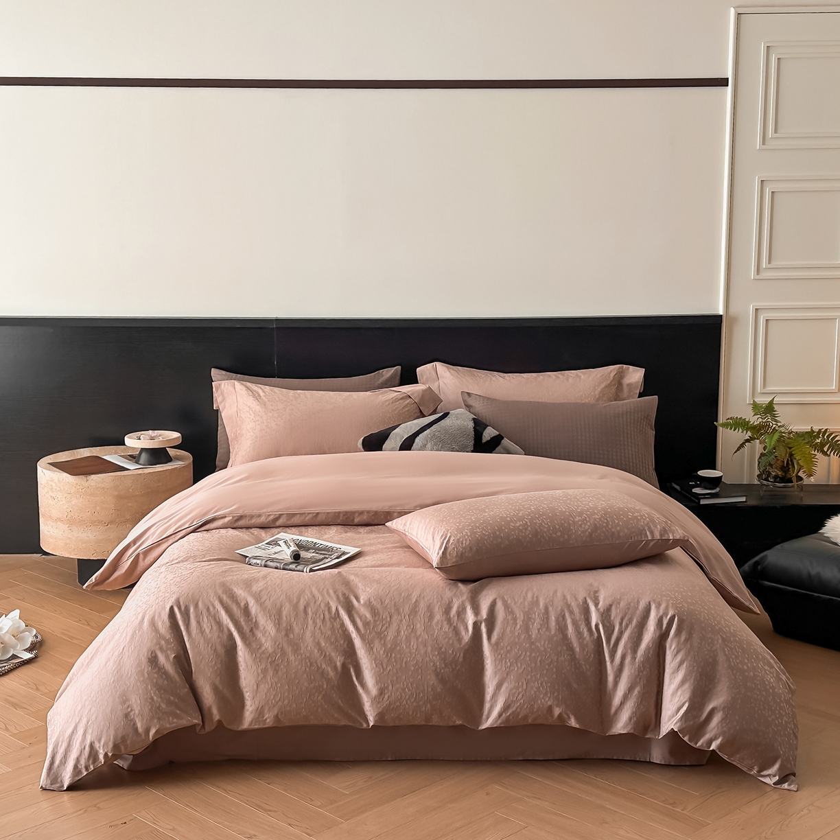 91家纺网 家纺一手货源 找家纺 舒慕家纺 2025新款100支长绒棉浮雕提花四件套 雨沫风铃