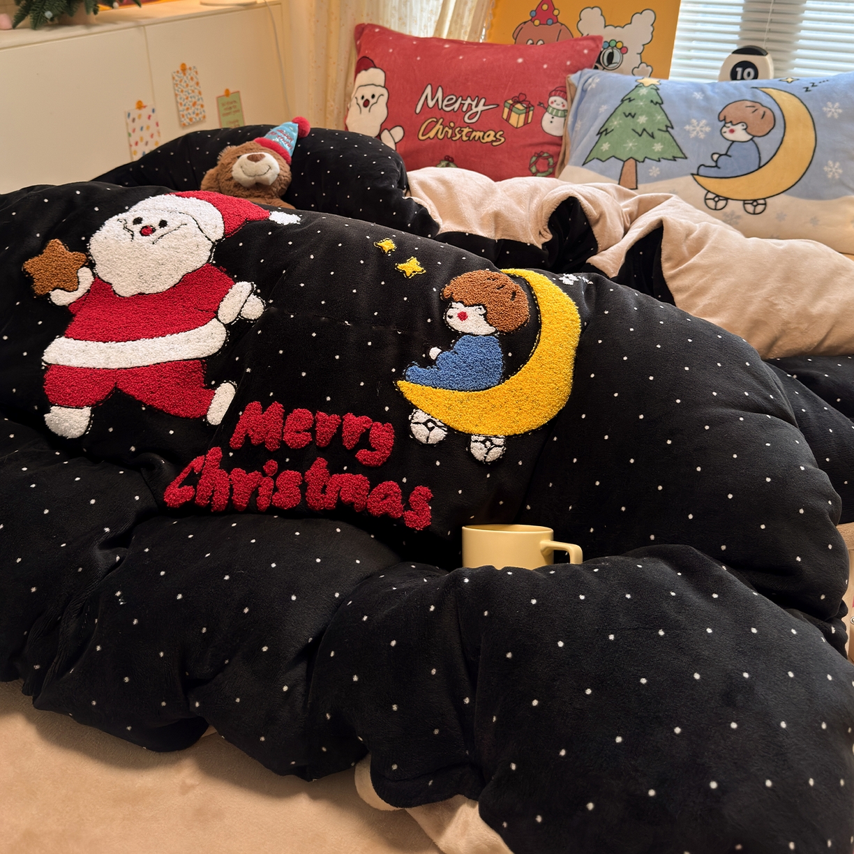 91家纺网 家纺一手货源 找家纺 罗亿家纺 2025新款高克重200g牛奶绒数码印花毛巾绣卡通四件套（小红书推荐）提供买家秀 小王子的圣诞夜