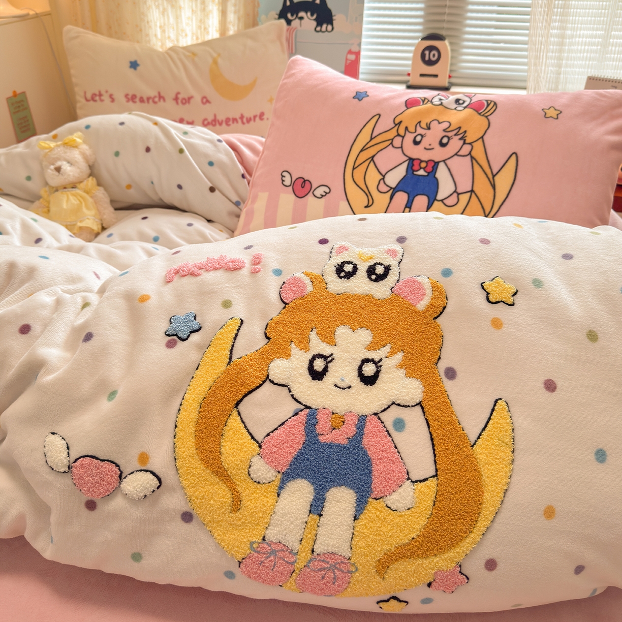 罗亿家纺 2025新款高克重200g牛奶绒数码印花毛巾绣卡通四件套（小红书推荐）提供买家秀 月光美少女