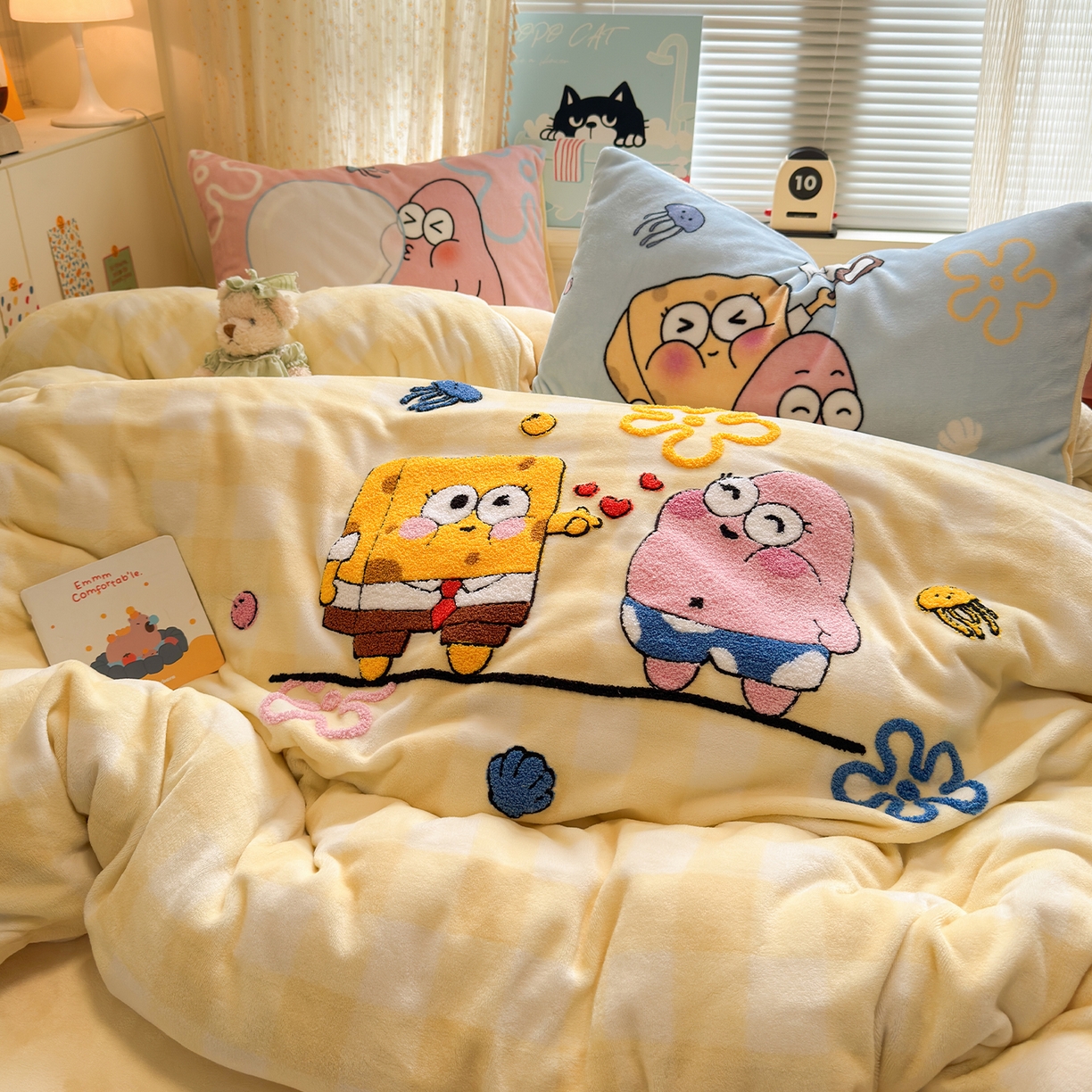 91家纺网 家纺一手货源 找家纺 （总）罗亿家纺 2025新款高克重200g牛奶绒数码印花毛巾绣卡通四件套（小红书推荐）提供买家秀